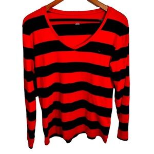 Tommy Hilfiger | V-neck Long Sleeve Top | Blue & Red Stripes | Size XL